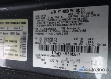 2020 Ford Mustang Ecoboost Fastback z USA, uszkodzony, nr VIN 1FA6P8TH3L5183736